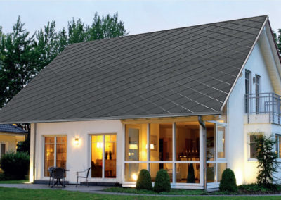 Q-Series Diagonal Dark Grey Polymer Lightweight Lifetime Solar Roof All-in-One Energy-Efficient Roofing System with Solar Technologies included.