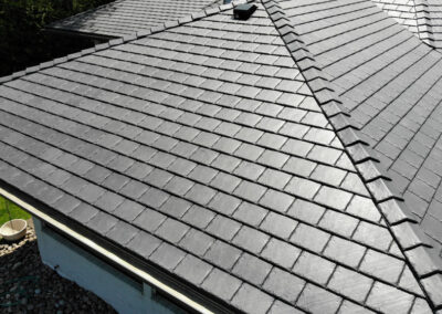 Contemporary Slate Dark Grey Polymer Lightweight Lifetime Energy-Efficient Roofing System.