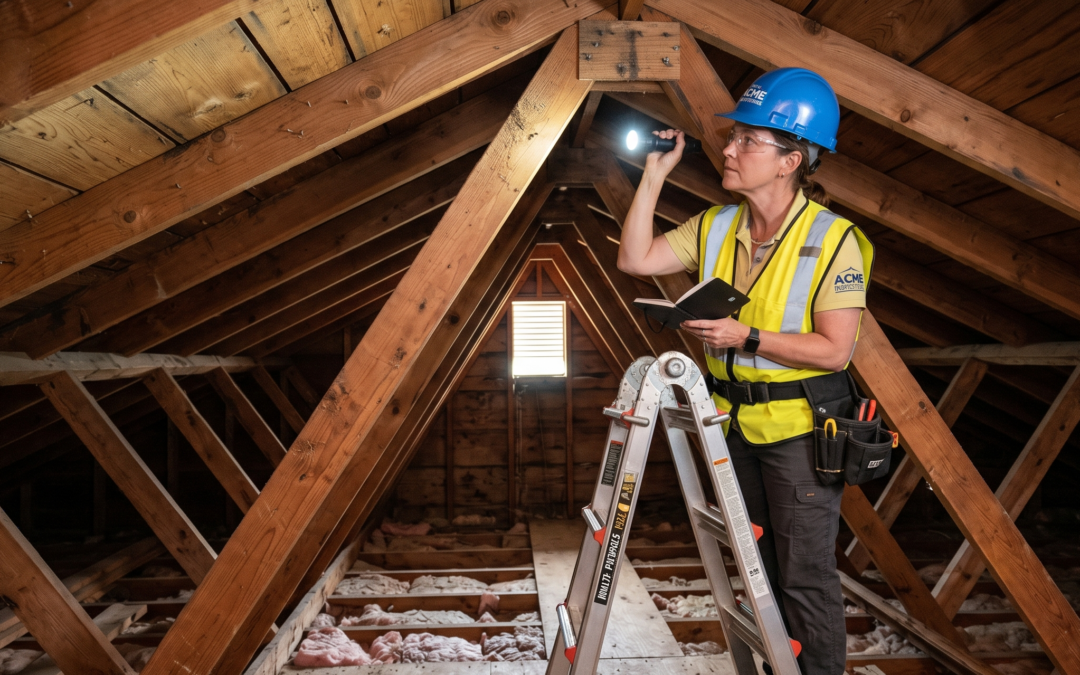 home inspector looking at condition of a roof truss